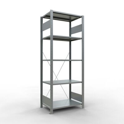 Grundregal, Fachbodenregal Stecksystem MULTIplus150, 2000 x 750 x 500 mm (HxBxT), 5 Fachböden, Kreuzstrebe, verzinkt