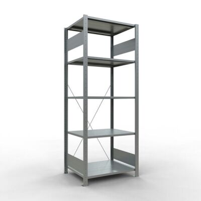 Grundregal, Fachbodenregal Stecksystem MULTIplus150, 2000 x 750 x 600 mm (HxBxT), 5 Fachböden, Kreuzstrebe, verzinkt