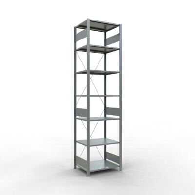Grundregal, Fachbodenregal Stecksystem MULTIplus150, 3000 x 750 x 600 mm (HxBxT), 7 Fachböden, Kreuzstrebe, verzinkt