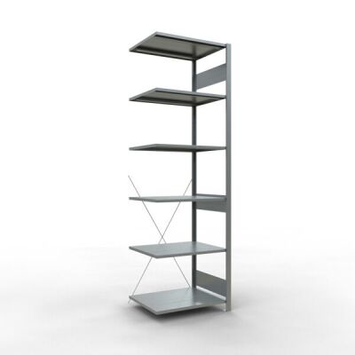 Anbauregal, Fachbodenregal Stecksystem MULTIplus150, 2500 x 750 x 600 mm (HxBxT), 6 Fachböden, Kreuzstrebe, verzinkt