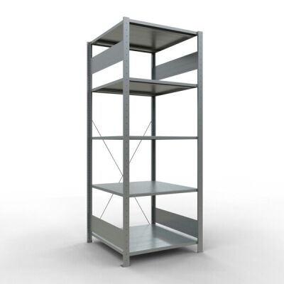 Grundregal, Fachbodenregal Stecksystem MULTIplus150, 2000 x 750 x 800 mm (HxBxT), 5 Fachböden, Kreuzstrebe, verzinkt