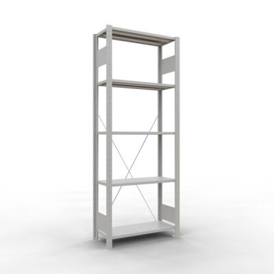 Grundregal, Fachbodenregal Stecksystem MULTIplus150, 2000 x 750 x 300 mm (HxBxT), 5 Fachböden, Kreuzstrebe, RAL 7035 lichtgrau