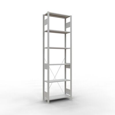 Grundregal, Fachbodenregal Stecksystem MULTIplus150, 2500 x 750 x 300 mm (HxBxT), 6 Fachböden, Kreuzstrebe, RAL 7035 lichtgrau