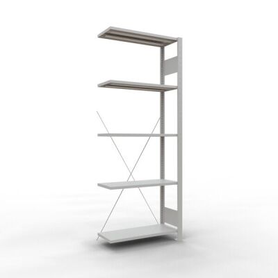 Anbauregal, Fachbodenregal Stecksystem MULTIplus150, 2000 x 750 x 300 mm (HxBxT), 5 Fachböden, Kreuzstrebe, RAL 7035 lichtgrau