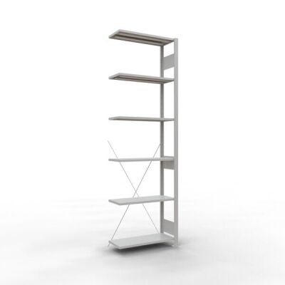 Anbauregal, Fachbodenregal Stecksystem MULTIplus150, 2500 x 750 x 300 mm (HxBxT), 6 Fachböden, Kreuzstrebe, RAL 7035 lichtgrau