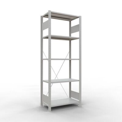 Grundregal, Fachbodenregal Stecksystem MULTIplus150, 2000 x 750 x 400 mm (HxBxT), 5 Fachböden, Kreuzstrebe, RAL 7035 lichtgrau