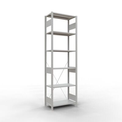 Grundregal, Fachbodenregal Stecksystem MULTIplus150, 2500 x 750 x 400 mm (HxBxT), 6 Fachböden, Kreuzstrebe, RAL 7035 lichtgrau