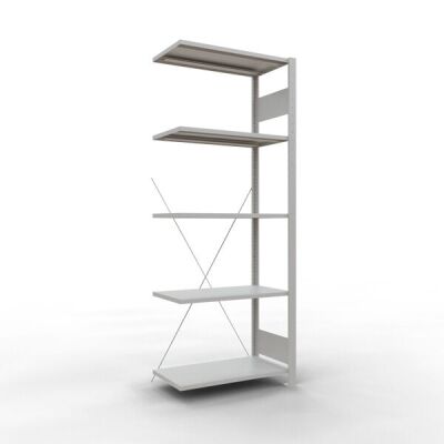 Anbauregal, Fachbodenregal Stecksystem MULTIplus150, 2000 x 750 x 400 mm (HxBxT), 5 Fachböden, Kreuzstrebe, RAL 7035 lichtgrau