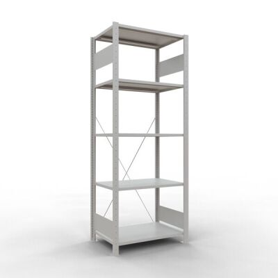 Grundregal, Fachbodenregal Stecksystem MULTIplus150, 2000 x 750 x 500 mm (HxBxT), 5 Fachböden, Kreuzstrebe, RAL 7035 lichtgrau