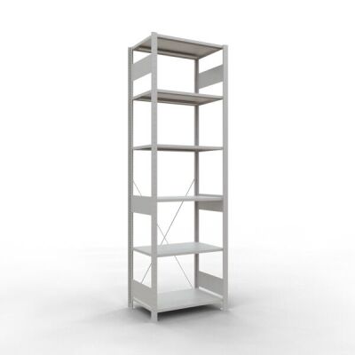 Grundregal, Fachbodenregal Stecksystem MULTIplus150, 2500 x 750 x 500 mm (HxBxT), 6 Fachböden, Kreuzstrebe, RAL 7035 lichtgrau