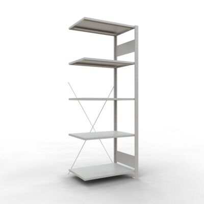 Anbauregal, Fachbodenregal Stecksystem MULTIplus150, 2000 x 750 x 500 mm (HxBxT), 5 Fachböden, Kreuzstrebe, RAL 7035 lichtgrau
