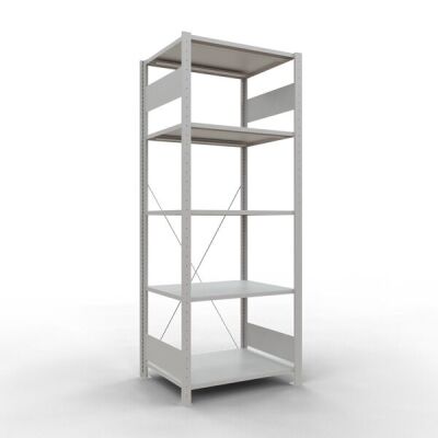 Grundregal, Fachbodenregal Stecksystem MULTIplus150, 2000 x 750 x 600 mm (HxBxT), 5 Fachböden, Kreuzstrebe, RAL 7035 lichtgrau