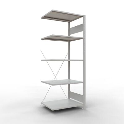 Anbauregal, Fachbodenregal Stecksystem MULTIplus150, 2000 x 750 x 600 mm (HxBxT), 5 Fachböden, Kreuzstrebe, RAL 7035 lichtgrau