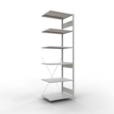 Anbauregal, Fachbodenregal Stecksystem MULTIplus150, 2500 x 750 x 600 mm (HxBxT), 6 Fachböden, Kreuzstrebe, RAL 7035 lichtgrau