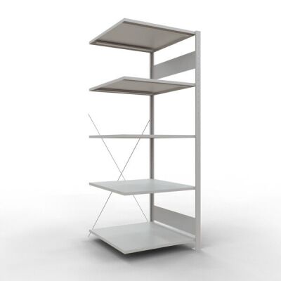 Anbauregal, Fachbodenregal Stecksystem MULTIplus150, 2000 x 750 x 800 mm (HxBxT), 5 Fachböden, Kreuzstrebe, RAL 7035 lichtgrau