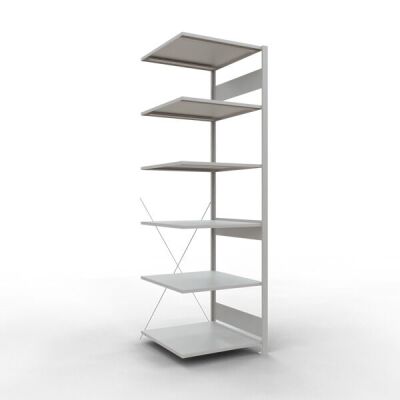 Anbauregal, Fachbodenregal Stecksystem MULTIplus150, 2500 x 750 x 800 mm (HxBxT), 6 Fachböden, Kreuzstrebe, RAL 7035 lichtgrau