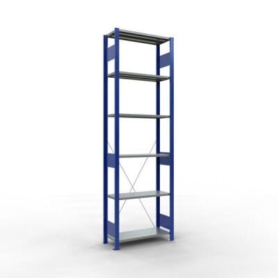 Grundregal, Fachbodenregal Stecksystem MULTIplus150, 2500 x 750 x 300 mm (HxBxT), 6 Fachböden, Kreuzstrebe, RAL 5010 enzianblau/verzinkt/verzinkt