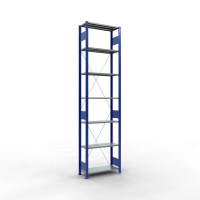 Grundregal, Fachbodenregal Stecksystem MULTIplus150, 3000 x 750 x 300 mm (HxBxT), 7 Fachböden, Kreuzstrebe, RAL 5010 enzianblau/verzinkt/verzinkt