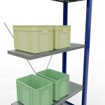 Anbauregal, Fachbodenregal Stecksystem MULTIplus150, 2000 x 750 x 300 mm (HxBxT), 5 Fachböden, Kreuzstrebe, RAL 5010 enzianblau/verzinkt/verzinkt