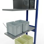 Anbauregal, Fachbodenregal Stecksystem MULTIplus150, 2500 x 750 x 300 mm (HxBxT), 6 Fachböden, Kreuzstrebe, RAL 5010 enzianblau/verzinkt/verzinkt