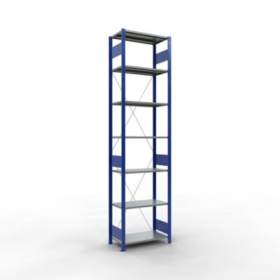 Grundregal, Fachbodenregal Stecksystem MULTIplus150, 3000 x 750 x 400 mm (HxBxT), 7 Fachböden, Kreuzstrebe, RAL 5010 enzianblau/verzinkt/verzinkt