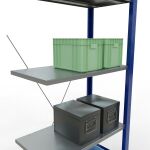 Anbauregal, Fachbodenregal Stecksystem MULTIplus150, 2000 x 750 x 400 mm (HxBxT), 5 Fachböden, Kreuzstrebe, RAL 5010 enzianblau/verzinkt/verzinkt