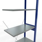 Anbauregal, Fachbodenregal Stecksystem MULTIplus150, 2500 x 750 x 400 mm (HxBxT), 6 Fachböden, Kreuzstrebe, RAL 5010 enzianblau/verzinkt/verzinkt