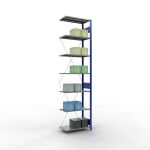 Anbauregal, Fachbodenregal Stecksystem MULTIplus150, 3000 x 750 x 400 mm (HxBxT), 7 Fachböden, Kreuzstrebe, RAL 5010 enzianblau/verzinkt/verzinkt