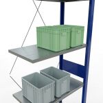 Anbauregal, Fachbodenregal Stecksystem MULTIplus150, 3000 x 750 x 400 mm (HxBxT), 7 Fachböden, Kreuzstrebe, RAL 5010 enzianblau/verzinkt/verzinkt