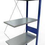 Anbauregal, Fachbodenregal Stecksystem MULTIplus150, 3000 x 750 x 400 mm (HxBxT), 7 Fachböden, Kreuzstrebe, RAL 5010 enzianblau/verzinkt/verzinkt
