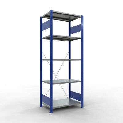 Grundregal, Fachbodenregal Stecksystem MULTIplus150, 2000 x 750 x 500 mm (HxBxT), 5 Fachböden, Kreuzstrebe, RAL 5010 enzianblau/verzinkt/verzinkt