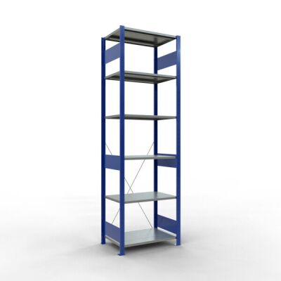 Grundregal, Fachbodenregal Stecksystem MULTIplus150, 2500 x 750 x 500 mm (HxBxT), 6 Fachböden, Kreuzstrebe, RAL 5010 enzianblau/verzinkt/verzinkt