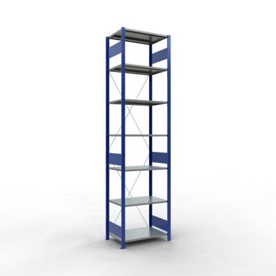 Grundregal, Fachbodenregal Stecksystem MULTIplus150, 3000 x 750 x 500 mm (HxBxT), 7 Fachböden, Kreuzstrebe, RAL 5010 enzianblau/verzinkt/verzinkt