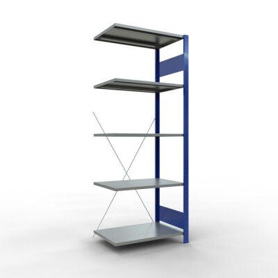 Anbauregal, Fachbodenregal Stecksystem MULTIplus150, 2000 x 750 x 500 mm (HxBxT), 5 Fachböden, Kreuzstrebe, RAL 5010 enzianblau/verzinkt/verzinkt
