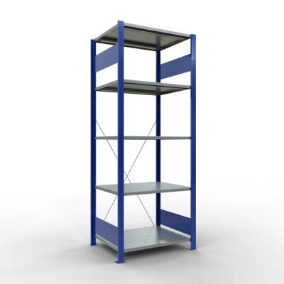 Grundregal, Fachbodenregal Stecksystem MULTIplus150, 2000 x 750 x 600 mm (HxBxT), 5 Fachböden, Kreuzstrebe, RAL 5010 enzianblau/verzinkt/verzinkt