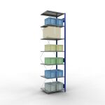 Anbauregal, Fachbodenregal Stecksystem MULTIplus150, 3000 x 750 x 600 mm (HxBxT), 7 Fachböden, Kreuzstrebe, RAL 5010 enzianblau/verzinkt/verzinkt