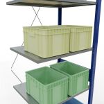 Anbauregal, Fachbodenregal Stecksystem MULTIplus150, 3000 x 750 x 600 mm (HxBxT), 7 Fachböden, Kreuzstrebe, RAL 5010 enzianblau/verzinkt/verzinkt