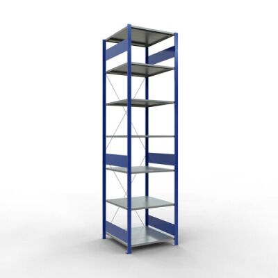 Grundregal, Fachbodenregal Stecksystem MULTIplus150, 3000 x 750 x 800 mm (HxBxT), 7 Fachböden, Kreuzstrebe, RAL 5010 enzianblau/verzinkt/verzinkt