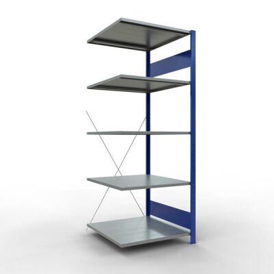 Anbauregal, Fachbodenregal Stecksystem MULTIplus150, 2000 x 750 x 800 mm (HxBxT), 5 Fachböden, Kreuzstrebe, RAL 5010 enzianblau/verzinkt/verzinkt