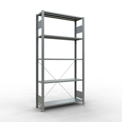 Grundregal, Fachbodenregal Stecksystem MULTIplus150, 2000 x 1000 x 300 mm (HxBxT), 5 Fachböden, Kreuzstrebe, verzinkt