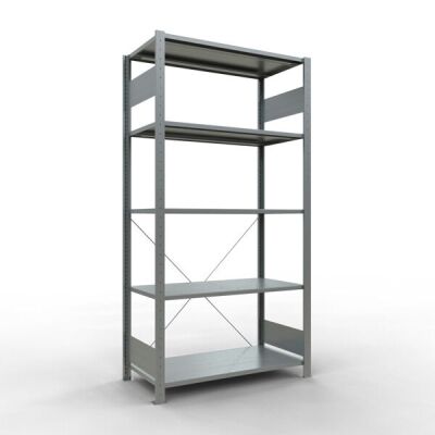 Grundregal, Fachbodenregal Stecksystem MULTIplus150, 2000 x 1000 x 500 mm (HxBxT), 5 Fachböden, Kreuzstrebe, verzinkt
