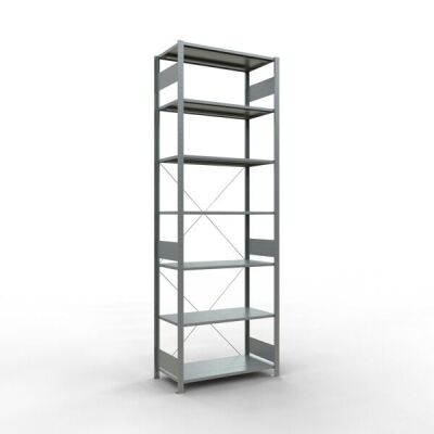 Grundregal, Fachbodenregal Stecksystem MULTIplus150, 3000 x 1000 x 500 mm (HxBxT), 7 Fachböden, Kreuzstrebe, verzinkt