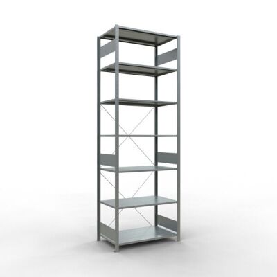 Grundregal, Fachbodenregal Stecksystem MULTIplus150, 3000 x 1000 x 600 mm (HxBxT), 7 Fachböden, Kreuzstrebe, verzinkt