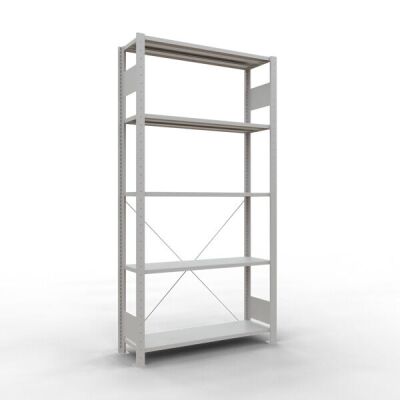 Grundregal, Fachbodenregal Stecksystem MULTIplus150, 2000 x 1000 x 300 mm (HxBxT), 5 Fachböden, Kreuzstrebe, RAL 7035 lichtgrau
