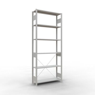 Grundregal, Fachbodenregal Stecksystem MULTIplus150, 2500 x 1000 x 300 mm (HxBxT), 6 Fachböden, Kreuzstrebe, RAL 7035 lichtgrau