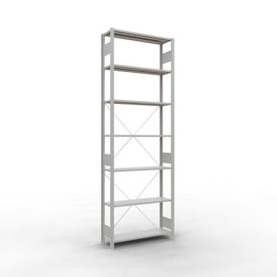 Grundregal, Fachbodenregal Stecksystem MULTIplus150, 3000 x 1000 x 300 mm (HxBxT), 7 Fachböden, Kreuzstrebe, RAL 7035 lichtgrau