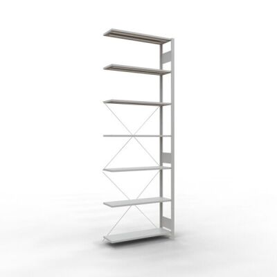 Anbauregal, Fachbodenregal Stecksystem MULTIplus150, 3000 x 1000 x 300 mm (HxBxT), 7 Fachböden, Kreuzstrebe, RAL 7035 lichtgrau