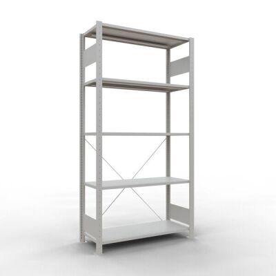 Grundregal, Fachbodenregal Stecksystem MULTIplus150, 2000 x 1000 x 400 mm (HxBxT), 5 Fachböden, Kreuzstrebe, RAL 7035 lichtgrau
