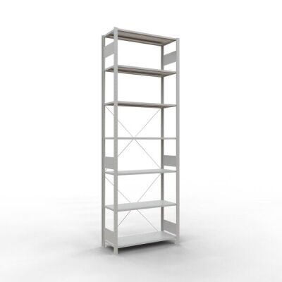 Grundregal, Fachbodenregal Stecksystem MULTIplus150, 3000 x 1000 x 400 mm (HxBxT), 7 Fachböden, Kreuzstrebe, RAL 7035 lichtgrau