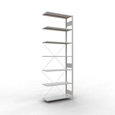 Anbauregal, Fachbodenregal Stecksystem MULTIplus150, 3000 x 1000 x 400 mm (HxBxT), 7 Fachböden, Kreuzstrebe, RAL 7035 lichtgrau